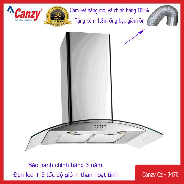 Máy hút mùi - Máy hút khói Canzy Cz 3470 lực hút cực mạnh động cơ siêu êm tặng ngay 1m8 ống bạc giảm ồn