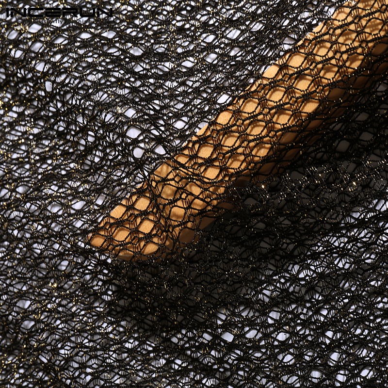 Áo lưới INCERUN màu đen xuyên thấu tay dài thời trang cho nam