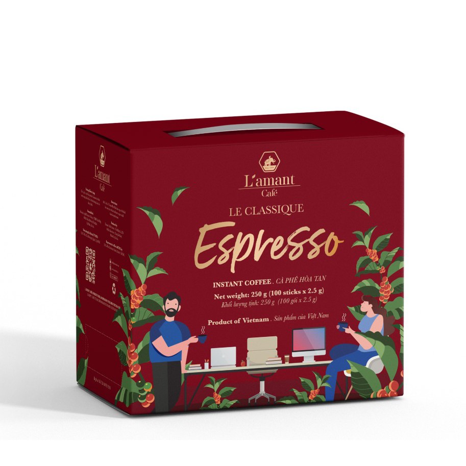 Cà phê hòa tan đen Espresso (Hộp 100 gói x 2gr) - L'amant Café Espresso instant coffee