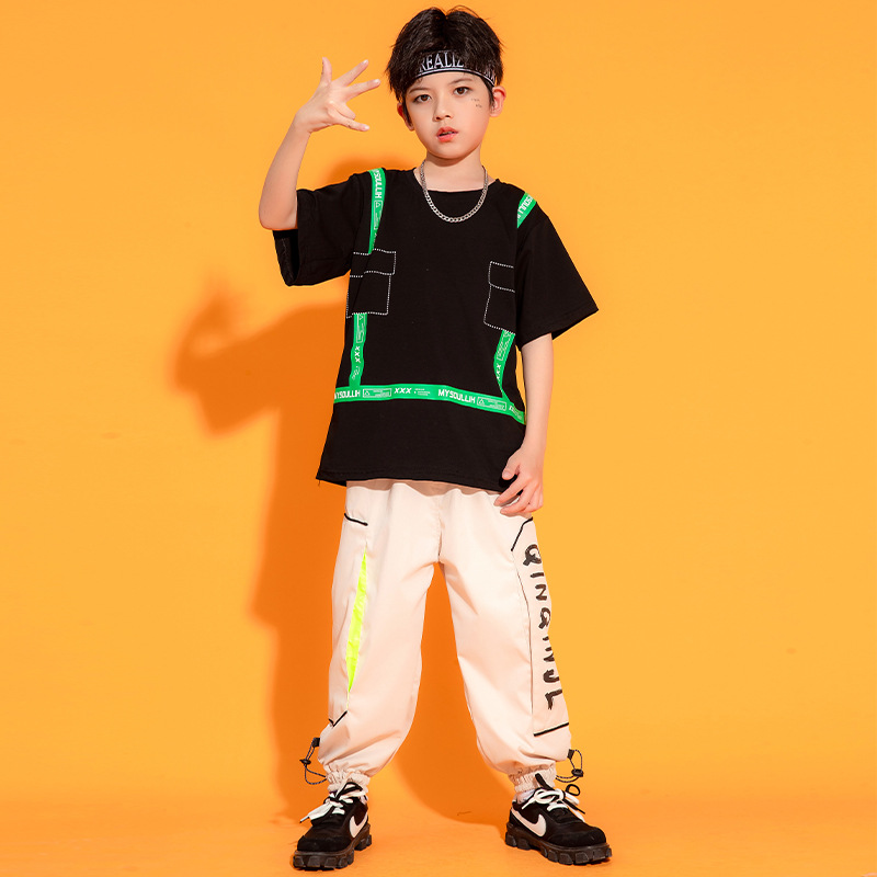 Children's hip hop suit boys hip hop trend Summer Short Sleeve T-Shirt boys handsome hiphop performance dress pants