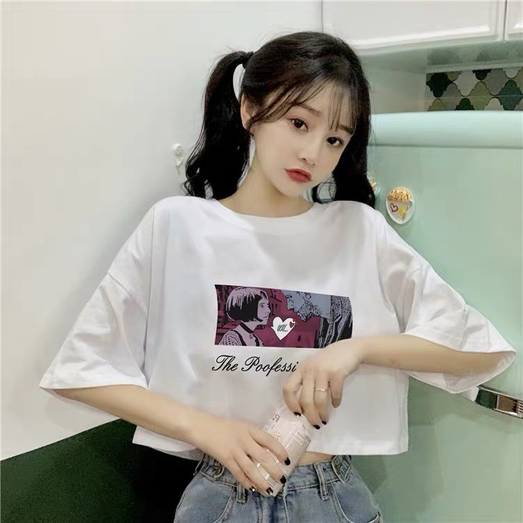 ZHELIHANGFEI Áo thun in ngắn tay rộng cạp cao rốn gợi cảm