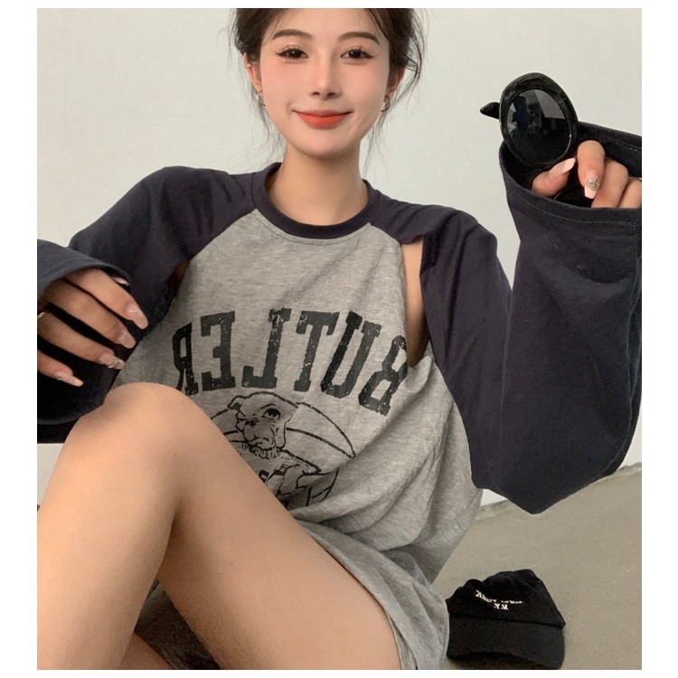 Áo Thun Tay Dài Dáng Rộng In Họa Tiết Màu Sắc Tương Phản Phong Cách Hàn Quốc Thời Trang Mùa