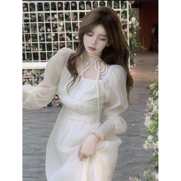 ĐẦM MIDI NUDE TAY DÀI BỒNG CỔ VUÔNG DÂY CHÉO