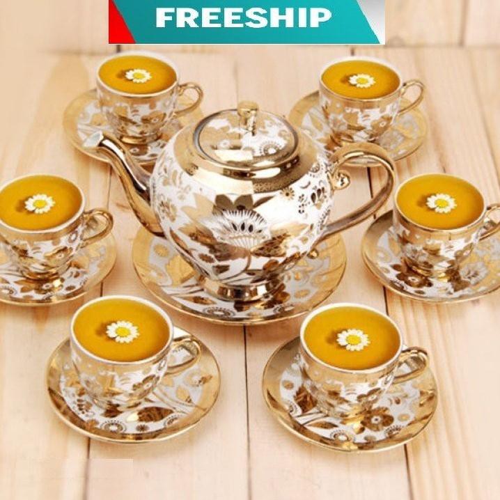 Bộ ấm trà 6 ly kèm đĩa hoàng gia nhũ vàng - Bộ tách trà cao cấp cực đẹp