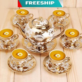 [SANG TRỌNG] Bộ ấm trà 6 ly kèm đĩa hoàng gia nhũ vàng - Bộ tách trà cao cấp cực đẹp