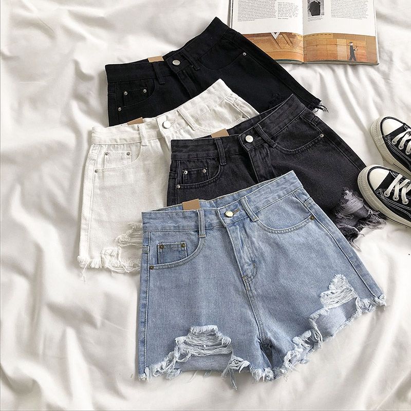 Quần đùi jean nữ rách đường phố Quần short nữ ống rộng lưng cao trắng Phong cách hàn quốc