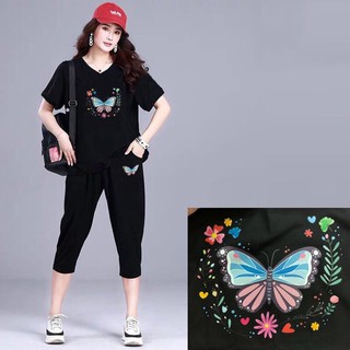 bộ thun thể thao áo kèm quần big size cổ tim hình bướm hoa size 90-100kg
