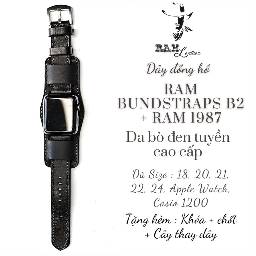 Combo Dây Đồng Hồ Da Bò RAM Leather Đen Tuyền Kiểu Quân Đội RAM Leather B2 Black  Bền Đẹp