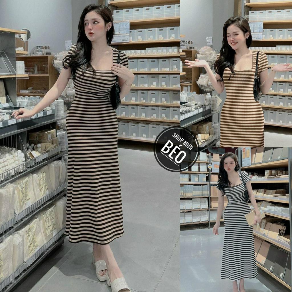 Đầm Body Cổ Vuông Phom Dài Sọc Ngang Chất Thun Co Giãn Thích Hợp Mặc Đi Tiệc Đi Làm Đi Chơi