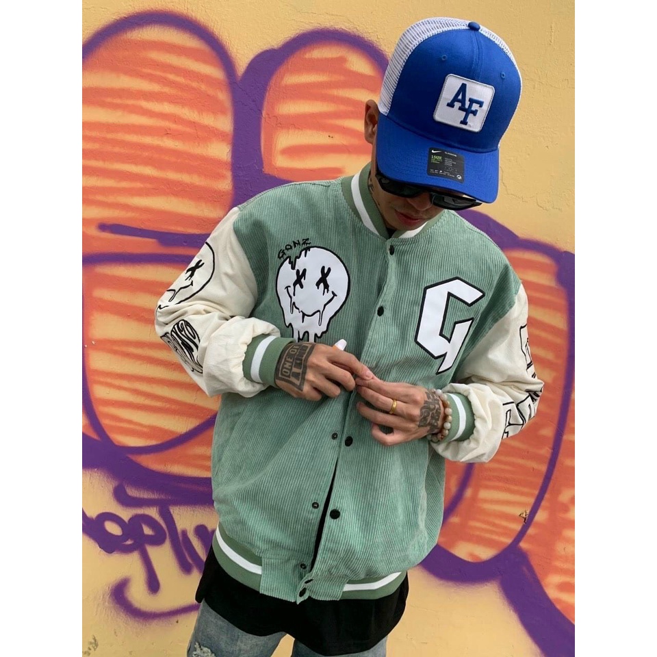 Áo Khoác Bomber Nhung Gân Tăm Thêu G-SMILE Jacket Varsity GONZ Unisex Form Rộng Ulzzang - La mode