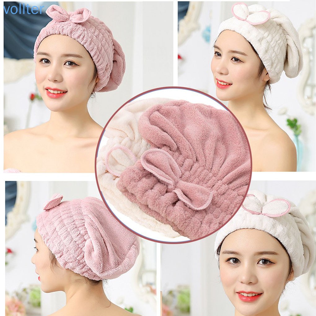 Mũ trùm đầu bằng vi sợi lau khô tóc sau khi tắm nhanh khô đính nơ dễ thương