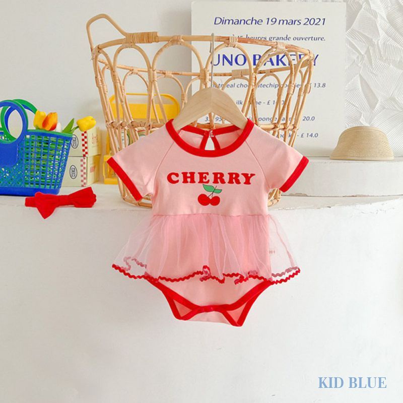 Bộ Áo Liền Quần Tam Giác Phối Ren Hình Quả Cherry Dễ Thương Kèm Băng Đô Cho Bé Gái