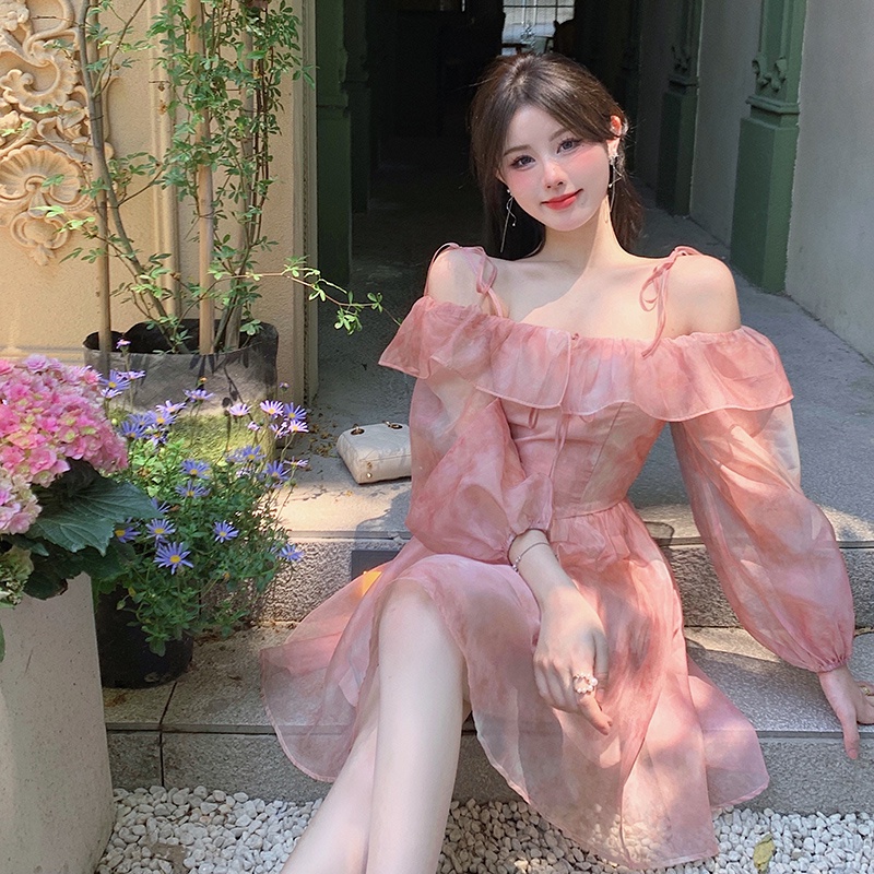 JaneQ Váy trễ vai cổ tích voan hồng mùa hè