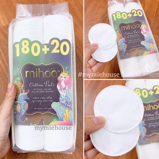 BÔNG TẨY TRANG MIHOO 200 miếng - 100% Cotton mềm mịn