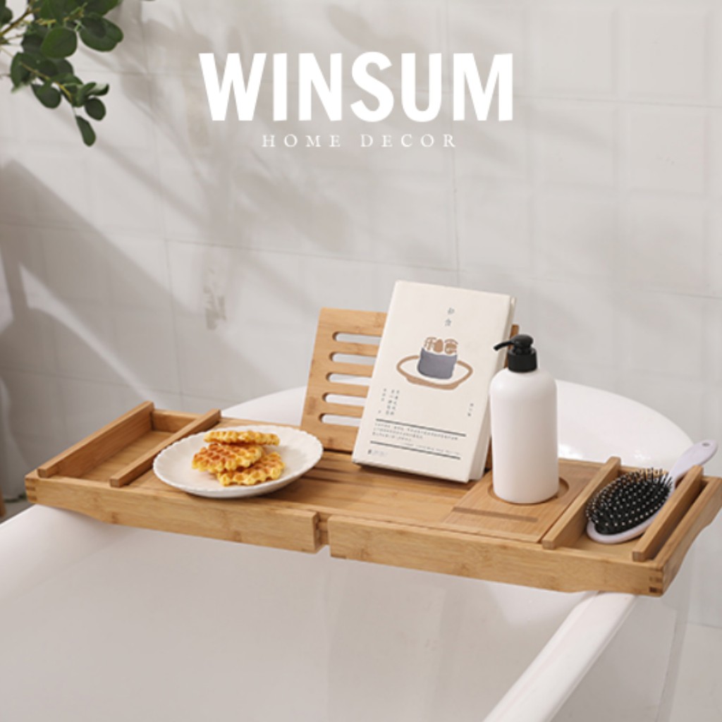 Kệ bồn tắm gỗ tre cao cấp có ngăn để nến thơm, giá tựa sách ipad, thay đổi được kích thước - Winsum.decor