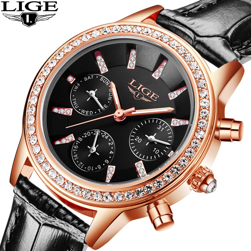 LIGE 9812 Women Fashion Simple Leather Waterproof Quartz Watch