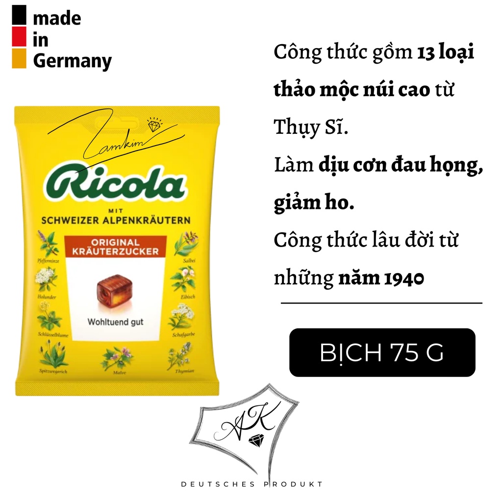 Kẹo ngậm ho thảo mộc Ricola, gói 75g, giảm ho, giảm khàn giọng