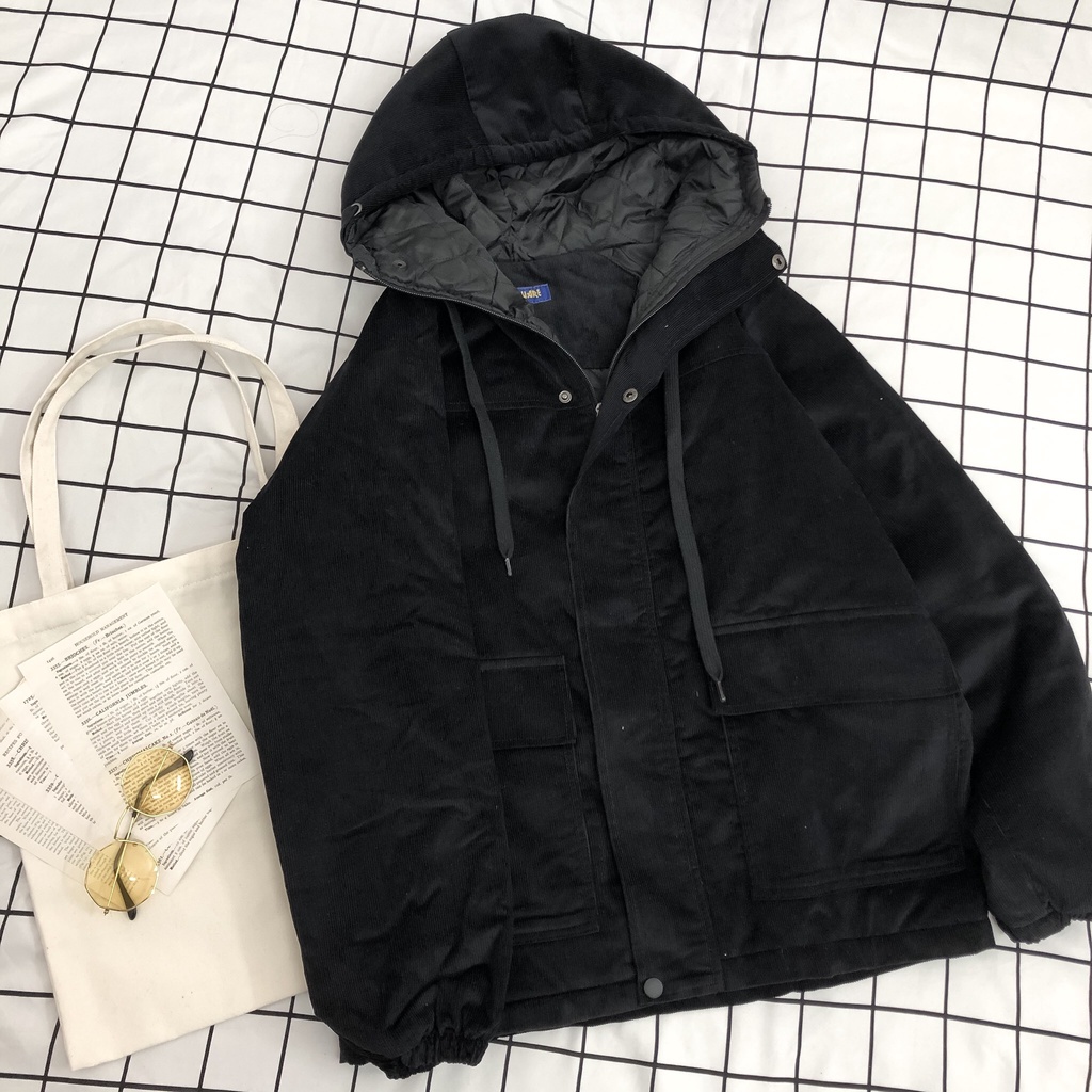 Áo khoác Kaki nhung tăm MEANSTORE Jacket có lớp chần bông oversize form rộng Khoác gió phong cách Hàn Quốc - Đen Trắng