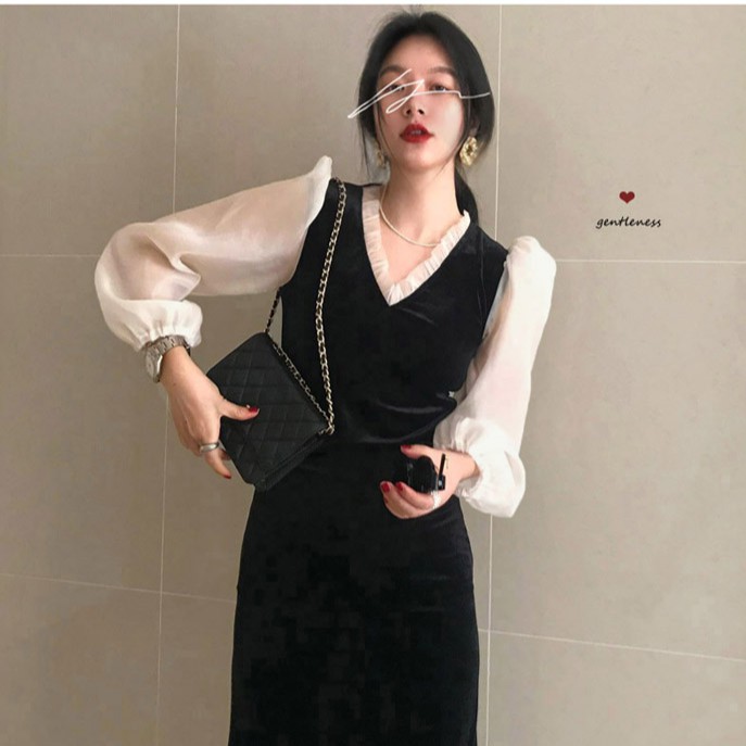 Đầm nhung cổ chữ V phong cách Hàn Quốc đáng yêu cho nữ | BigBuy360 - bigbuy360.vn