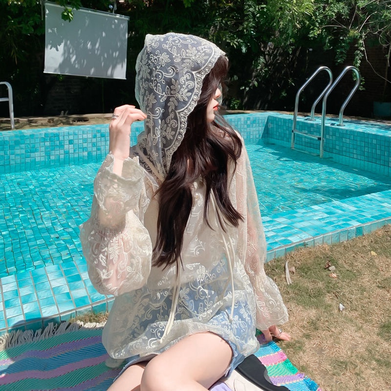 Áo Khoác Ren Lưới Trong Suốt Có Nón Trùm Đầu Chống Nắng Thời Trang Cho Nữ