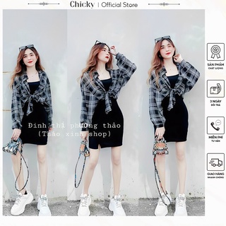 Set áo và váy áo khoác caro phối cùng đầm body hai dây sang chảnh