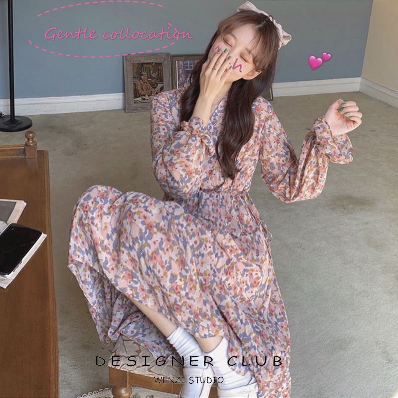 SUXI Đầm Voan Hoa Dáng Dài Phong Cách Vintage Thời Trang Thu Đông Dành Cho Nữ