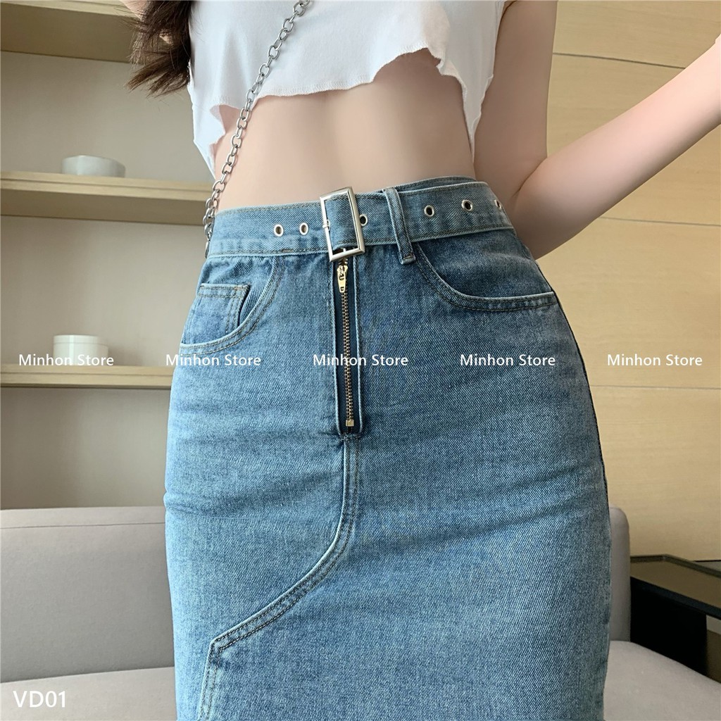 [Sẵn + Đai] Đầm Bò, Chân Váy Bò Dài Xẻ Tà Kèm Đai Nổi Bật, Trẻ Trung, Trendy (Minhon Store VD01) | BigBuy360 - bigbuy360.vn