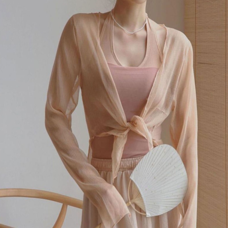 Xiangbao Áo Khoác Cardigan Lụa Lạnh Tay Loe Dài Hở Phía Trước Cho Nữ