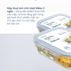 Hộp thủy tinh 3 ngăn Nikko, Hộp thủy tinh chia ngăn đựng thực phẩm chính hãng Inochi