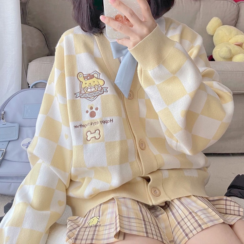 My Melody Kawaii Japanese Harajuku Cinnamon Dog Kuromi JK Loose Sweater Checkerboard Sweet Cute Cardigan