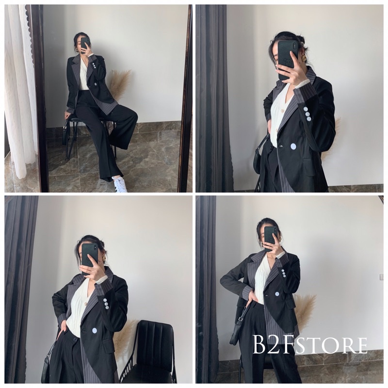 Áo khoác blazer nữ cá tính thiết kế Quảng Châu - Áo blazer đen kẻ thời trang