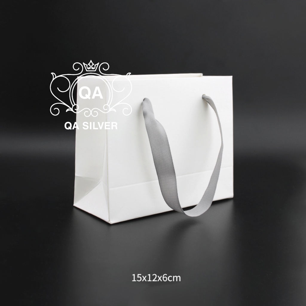 Túi đựng trang sức màu trắng nơ ghi tay cầm ruy băng quà tặng sinh nhật noel vuông chữ nhật QA SILVER AC200503