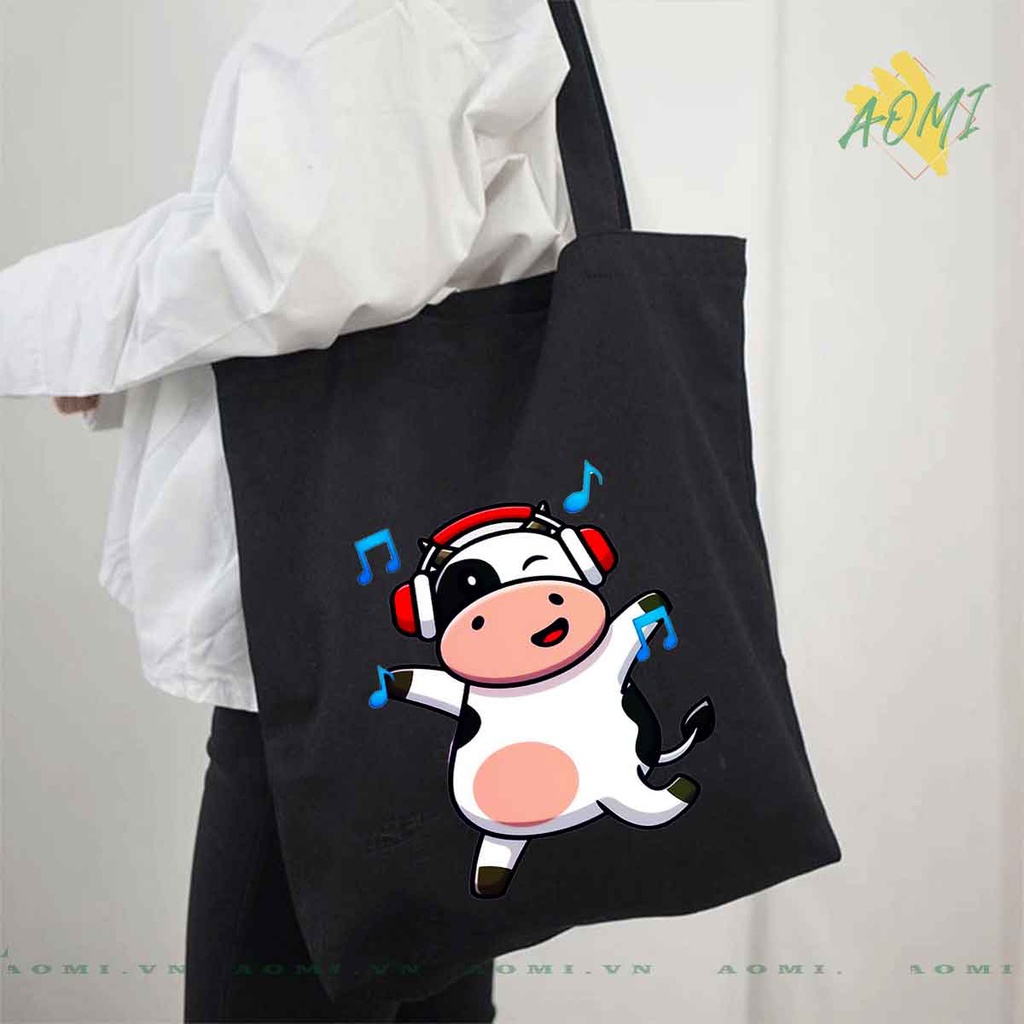 TOTE CANVAS MILK COW BO SỮA TÚI VẢI ĐEO VAI BAG CÓ KHÓA KÉO SIZE LỚN 33x38cm AOMIVN DU LỊCH MÀU ĐEN TRẮNG