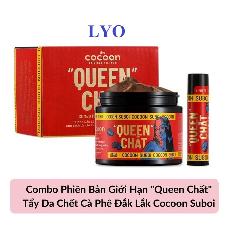 Tẩy Tế Bào Chết Cocoon Bản Giới Hạn &quot;Queen&quot; Chất Suboi  Dak Lak Coffee Body Polish 200ml + Lip Scrub 5g