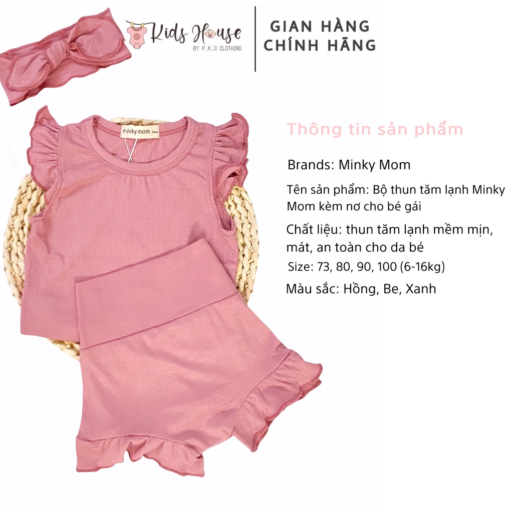 BỘ ĐỒ THUN TĂM LẠNH KÈM NƠ MINKY MOM CHO BÉ GÁI, BỘ CỘC TAY TRẺ EM PHONG CÁCH HÀN QUỐC