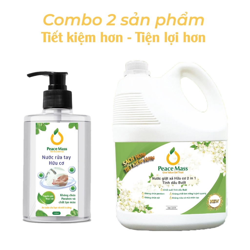 [Mã BMBAU50 giảm 10% đơn 99k] NGB2 Combo Hữu Cơ Peace Mass Nước Giặt Xả 2 in 1 3.6 lít + Nước Rửa Tay 340ml