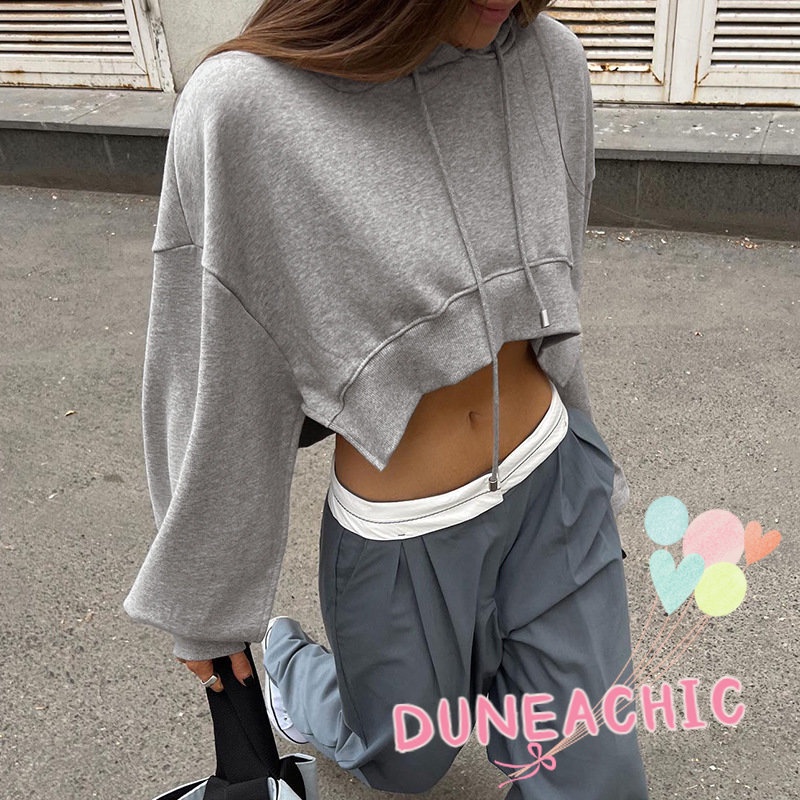 DUNEA Áo Hoodie Tay Dài Dáng Rộng Phối Dây Rút Lệch Tà Kiểu Đường Phố Cá Tính Cho Nữ