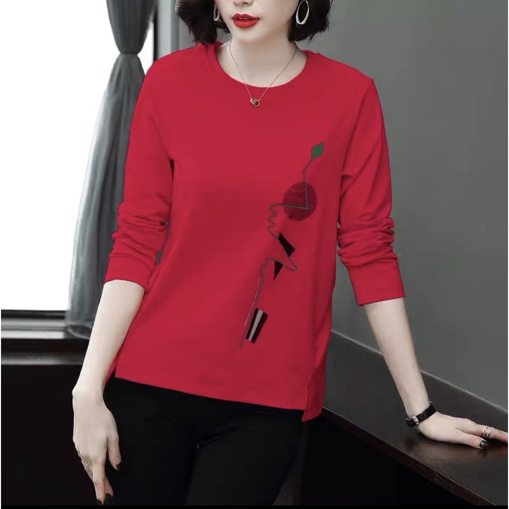 Áo thun cotton tay dài dáng rộng in họa tiết thời trang cho phụ nữ trung niên