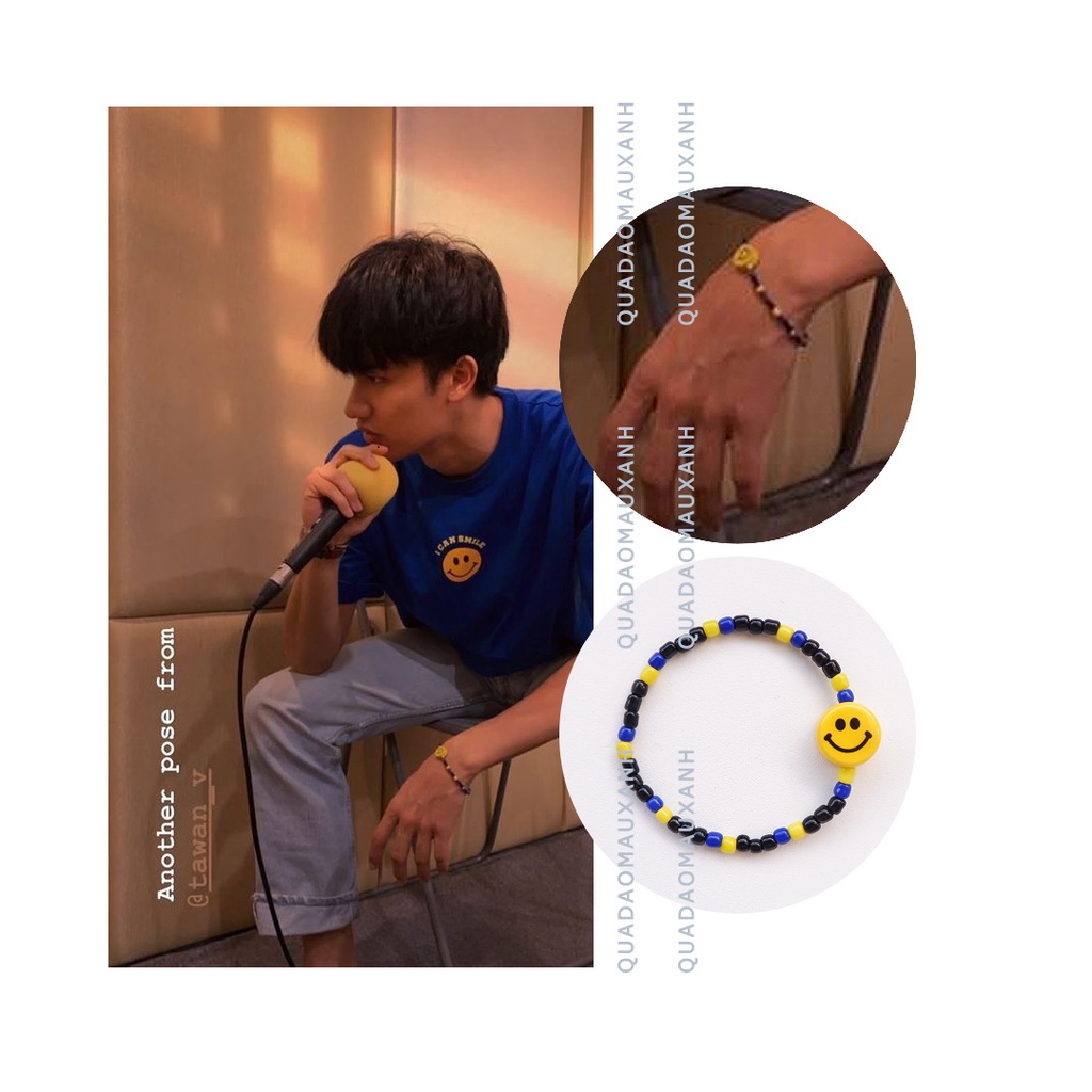 Tawan - OhmNanon, vòng tay hoa xanh da trời nhạt, vòng hạt cườm đen phối mặt cười vàng cheapmoment #Quadaomauxanh | BigBuy360 - bigbuy360.vn