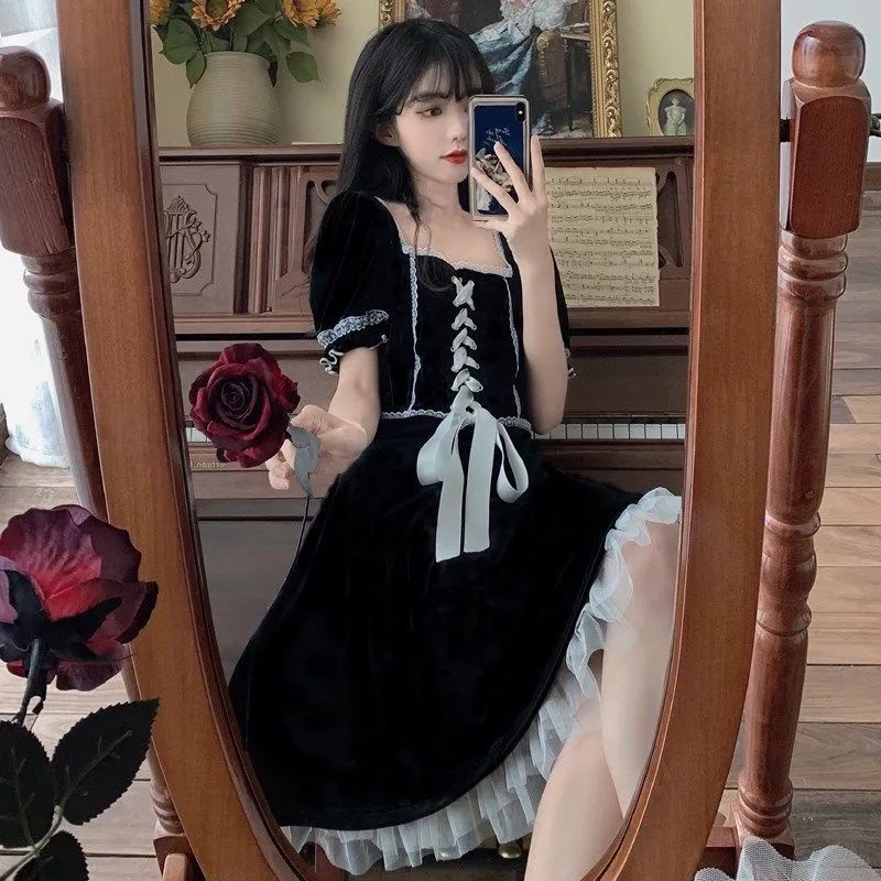 Đầm Nữ Phối Ren Sang Trọng Phong Cách Retro Hàn Quốc