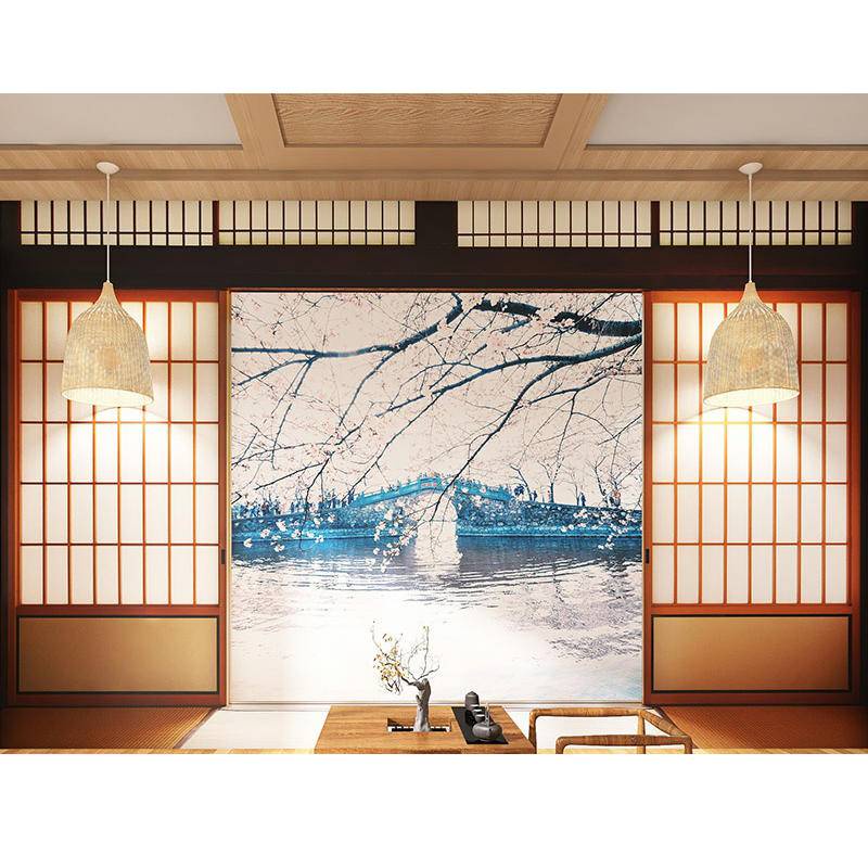 Giấy Dán Tường Họa Tiết Hoa Anh Đào 3D Phong Cách Retro Nhật Bản