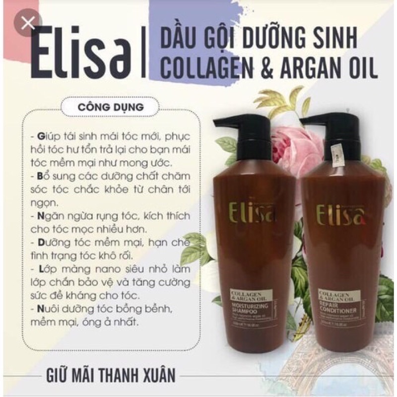 Dầu Gội Xả Dưỡng Sinh Và Tái Tạo Tóc Elisa Collagen & Argan Oil 500mlx2