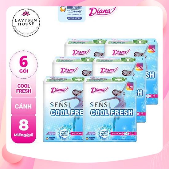 Bộ 6 gói băng vệ sinh diana sensi cool fresh siêu mỏng cánh mát lạnh gói 8 miếng