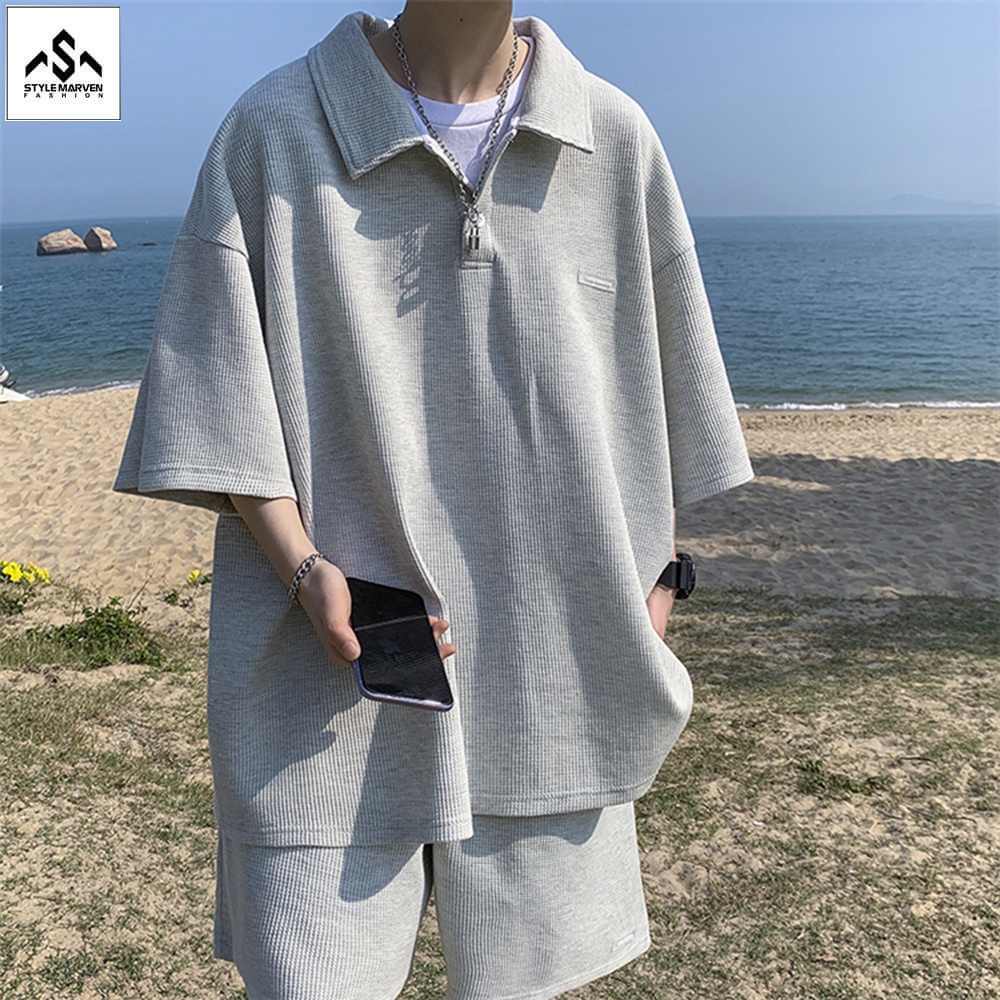 Set Quần Áo Thun Nam Áo Cổ Bẻ Short Ống Suông Rộng Trend 2022 STYLE MARVEN - SET NAM 90000193C