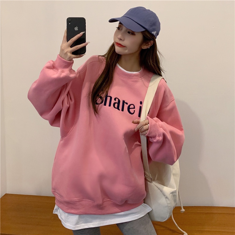 Áo nỉ dài tay cổ tròn dáng rộng in chữ thời trang