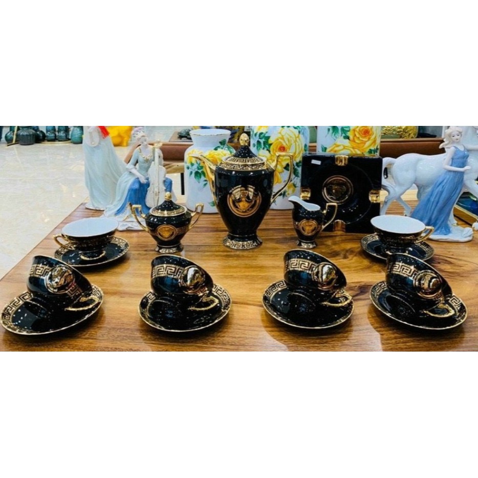 BỘ ẤM CHÉN SỨ XƯƠNG VERSACE MÀU ĐEN VIỀN VÀNG
