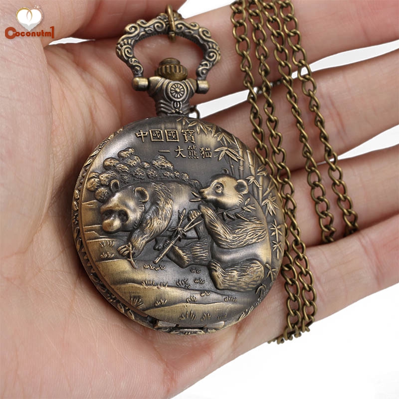 C✞ 1 Pcs Men Women Bronze Quartz Pocket Watch Panda Carved Case with Chain