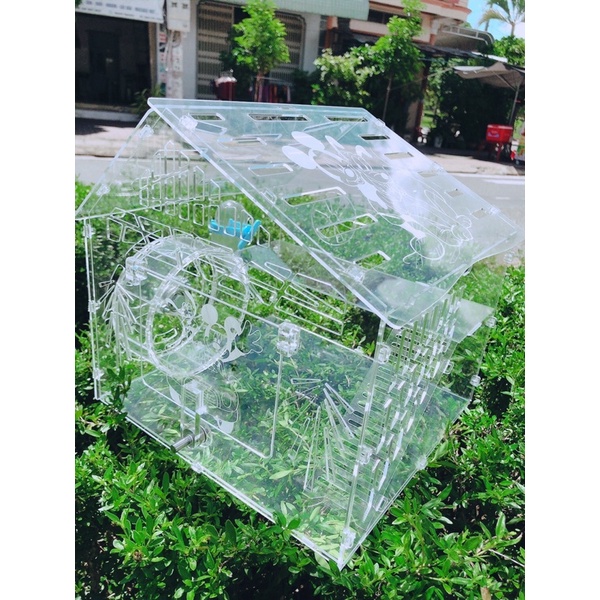 Lồng nuôi hamster giá rẻ, Tặng wheel êm + Bình nước, 27x27x27cm mica trong suốt cao cấp