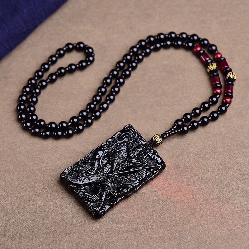 Dây Chuyền Đá Obsidian Nhân Tạo Mặt Quan Công Hai Mặt Phong Cách Thần Giá Wucai Cho Nam Và Nữ