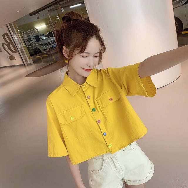 Áo Croptop Sơ Mi Cotton Cao Cấp Phối Cúc Màu Hàng Nhập khẩu Quảng Châu ảnh thật | BigBuy360 - bigbuy360.vn